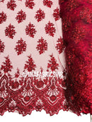 Round Flower Beaded Fabric - Burgundy - Embroidered Fashion Design Beads and Sequins On Mesh by The Yard