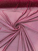 Power Mesh Polyester Rhinestone Fabric - Burgundy - 4 Way Stretch Power Mesh Fabric Crystal Stones By Yard