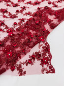 3D Lace Flower Fabric - Burgundy - Embroidered Sequins and 3D Floral Patterns on Lace By Yard