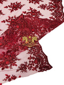 Floral Beaded Fabric - Burgundy - Embroidered Beaded Flowers Cluster Design on a Mesh Sold By Yard