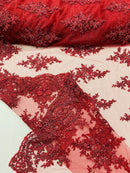 Beaded Shiny Floral Cluster - Burgundy - Embroidered Luxury Floral Design by Yard