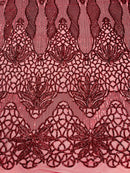 Elegant Floral Leaf Design - Burgundy - 4 Way Stretch Sequins Lace Spandex Fabric By Yard