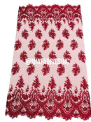 Round Flower Beaded Fabric - Burgundy - Embroidered Fashion Design Beads and Sequins On Mesh by The Yard