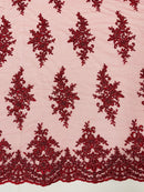 Beaded Shiny Floral Cluster - Burgundy - Embroidered Luxury Floral Design by Yard