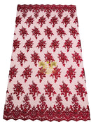 Floral Beaded Fabric - Burgundy - Embroidered Beaded Flowers Cluster Design on a Mesh Sold By Yard