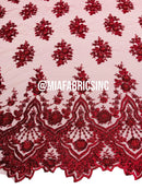 Round Flower Beaded Fabric - Burgundy - Embroidered Fashion Design Beads and Sequins On Mesh by The Yard