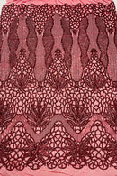 Elegant Floral Leaf Design - Burgundy - 4 Way Stretch Sequins Lace Spandex Fabric By Yard