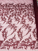 Leaf Plant Cluster Design Fabric - Burgundy - Beaded Embroidered Leaves Design on Lace Mesh By Yard