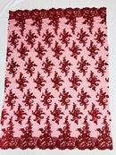 Lace Flower Cluster Fabric - Embroidered Flower With Sequins on a Mesh Lace Fabric - 25 Yard Roll