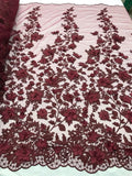3D Pearl Floral Fabric - Floral Design Embroidered on Mesh Lace Fabric - 25 Yard Roll