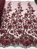 3D Pearl Floral Fabric - Floral Design Embroidered on Mesh Lace Fabric - 25 Yard Roll