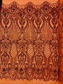 Damask Geometric Sequins - Burnt Orange - 4 Way Stretch Sequins Damask Pattern Design Sold By Yard