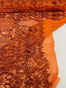 Damask Geometric Sequins - Burnt Orange - 4 Way Stretch Sequins Damask Pattern Design Sold By Yard