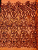 Damask Geometric Sequins - Burnt Orange - 4 Way Stretch Sequins Damask Pattern Design Sold By Yard