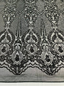 Black Sequins Fabric on Mesh, DAMASK Design Embroidered on a 4 way Stretch By The Yard