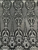 Black Sequins Fabric on Mesh, DAMASK Design Embroidered on a 4 way Stretch By The Yard