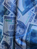 Money Print Fabric - Metallic Blue - 100 Dollar Bills Stretch Spandex Fabric By The Yard