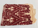 Big Damask Sequins Fabric - Burgundy - 4 Way Stretch Damask Sequins Design Fabric By Yard