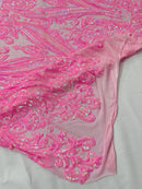 Big Damask Sequins Fabric - Candy Pink - 4 Way Stretch Damask Sequins Design Fabric By Yard
