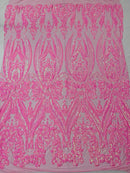 Big Damask Sequins Fabric - Candy Pink - 4 Way Stretch Damask Sequins Design Fabric By Yard