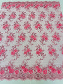 Flower Lace Fabric - Candy Pink - Embroidered Flower With Sequins on a Mesh Lace Fabric By Yard