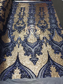 4 Way Stretch - Navy and Gold - Two Tone Flower Design Sequins On Stretch Mesh By The Yard