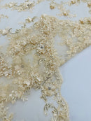 3D Lace Flower Fabric - Champagne - Embroidered Sequins and 3D Floral Patterns on Lace By Yard