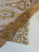 Bead Fashion Damask Fabric - Champagne - Beaded Sequins Geometric Design on Mesh Sold By Yard
