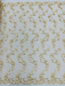 3D Lace Flower Fabric - Champagne - Embroidered Sequins and 3D Floral Patterns on Lace By Yard