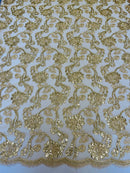 Embroidered Flower Lace - Champagne - Corded Floral Lace With Sequins Sold By Yard