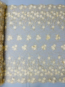 3D Floral Pearl Fabric - Champagne - 3D Triangle Flower Design on Mesh By Yard
