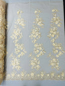 Floral 3D Rose Fabric - Champagne - Embroided Rose Flower Design Fabric Sold by Yard
