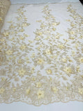 3D Pearl Floral Fabric - Floral Design Embroidered on Mesh Lace Fabric - 25 Yard Roll