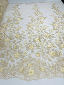 3D Pearl Floral Fabric - Floral Design Embroidered on Mesh Lace Fabric - 25 Yard Roll