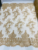 Damask Lace - Floral Damask Design Embroidered on Mesh Lace Fabric - 25 Yard Roll