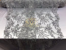 Beaded - Silver - Fancy Flower Design Sequins Fabric with Beads Sold By The Yard