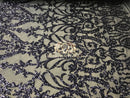 4 Way Stretch - Navy - Sequins Damask Design Fabric Embroidered On Mesh Sold By The Yard
