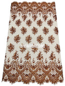 Round Flower Beaded Fabric - Cinnamon - Embroidered Fashion Design Beads and Sequins On Mesh by The Yard
