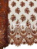 Round Flower Beaded Fabric - Cinnamon - Embroidered Fashion Design Beads and Sequins On Mesh by The Yard