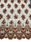 Round Flower Beaded Fabric - Cinnamon - Embroidered Fashion Design Beads and Sequins On Mesh by The Yard