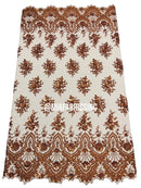 Round Flower Beaded Fabric - Cinnamon - Embroidered Fashion Design Beads and Sequins On Mesh by The Yard