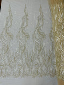 Fire Flame Bead Design - Clear Cream - Embroidered Fire Flame Design Fabric with Beads by Yard