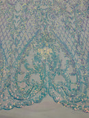 Heart Damask Sequins - Clear Iridescent - 4 Way Stretch Elegant Shiny Net Sequins Fabric By Yard