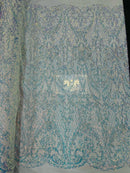 Heart Damask Sequins - Clear Iridescent - 4 Way Stretch Elegant Shiny Net Sequins Fabric By Yard