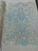 Damask Geometric Sequins - Clear Iridescent - 4 Way Stretch Sequins Damask Pattern Design Sold By Yard
