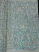 Heart Damask Sequins - Clear Iridescent - 4 Way Stretch Elegant Shiny Net Sequins Fabric By Yard