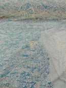 Heart Damask Sequins - Clear Iridescent - 4 Way Stretch Elegant Shiny Net Sequins Fabric By Yard
