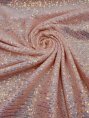 Mille Striped Stretch Sequins - Clear Iridescent on Pink - 4 Way Stretch Spandex Sequins Striped Fabric By The Yard
