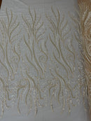 Sea Plant Design Fabric - Clear on Nude Mesh - Beaded Embroidered Sea Plant Design Fabric by Yard