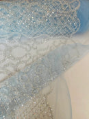 Beaded Fashion Design Fabric - Clear on Blue - Beaded Embroidered Damask Style Fabric on Mesh By Yard